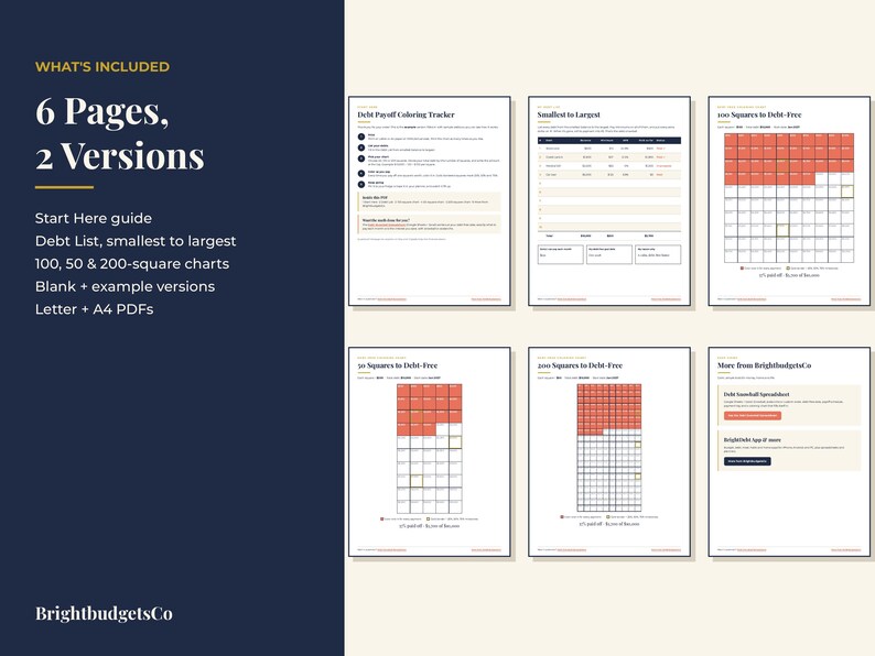 May include: A digital debt payoff tracker set featuring six pages with charts, including a Start Here guide, a debt list, and 50, 100, and 200-square coloring charts. The text includes What's Included, 6 Pages, 2 Versions, and BrightbudgetsCo.