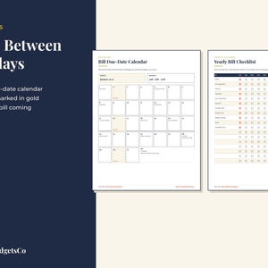 Puede incluir: Un conjunto de planificador financiero digital que incluye un calendario de fechas de vencimiento de facturas y una lista de verificaci&oacute;n anual. Los documentos tienen p&aacute;ginas blancas con texto negro, detalles dorados y cuadr&iacute;culas.