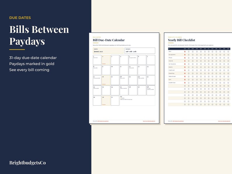 Puede incluir: Un conjunto de planificador financiero digital que incluye un calendario de fechas de vencimiento de facturas y una lista de verificaci&oacute;n anual. Los documentos tienen p&aacute;ginas blancas con texto negro, detalles dorados y cuadr&iacute;culas.