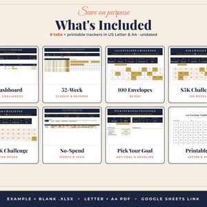 May include: A digital savings tracker set titled Save on Purpose, featuring eight tabs including a dashboard, 52-week challenge, 100 envelopes, $5K challenge, $10K challenge, no-spend tracker, and pick your goal challenge in US Letter and A4.