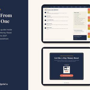 Puede incluir: Dos tabletas digitales que muestran una interfaz de planificador financiero. La pantalla superior muestra una gu&iacute;a titulada How to use your planner. La pantalla inferior muestra una p&aacute;gina promocional para un libro 5-Day Money Reset con un bot&oacute;n Get my free copy.