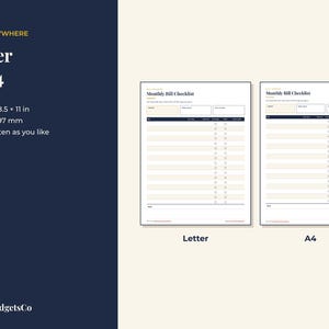 Puede incluir: Una plantilla digital de lista de verificaci&oacute;n de facturas mensuales disponible en tama&ntilde;os US Letter 8.5 x 11 pulgadas y A4 210 x 297 mm. El documento presenta un encabezado, columnas de seguimiento de facturas y una lista con casillas.