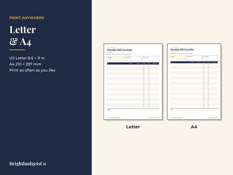 Puede incluir: Una plantilla digital de lista de verificaci&oacute;n de facturas mensuales disponible en tama&ntilde;os US Letter 8.5 x 11 pulgadas y A4 210 x 297 mm. El documento presenta un encabezado, columnas de seguimiento de facturas y una lista con casillas.