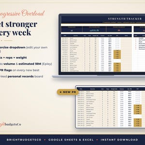 Puede incluir: Una hoja de c&aacute;lculo digital de seguimiento de fuerza para Google Sheets y Excel. La interfaz muestra registros de entrenamiento con columnas para fecha, ejercicio, series, repeticiones, peso en libras, volumen y 1RM estimado.