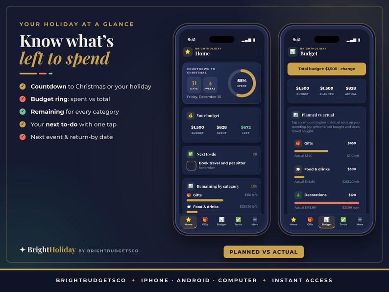 May include: Two smartphone screens displaying the BrightHoliday app interface with a dark theme. The screens show a holiday budget tracker with features like a countdown to Christmas, spending rings, category breakdowns, and a planned versus actual budget view.