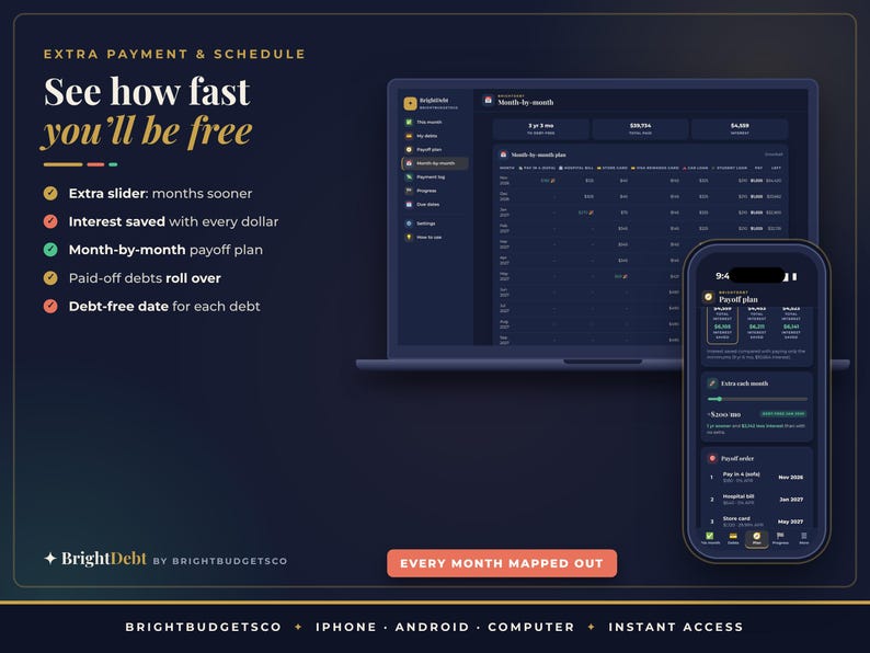 May include: A dark-themed digital interface displayed on a laptop and smartphone showing a debt payoff plan. Text includes "Extra Payment & Schedule," "See how fast you'll be free," and "Every month mapped out." Features include sliders, debt lists, and financial tracking data.