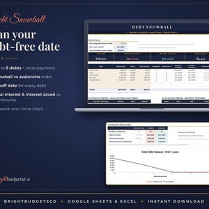May include: A digital debt snowball spreadsheet template for Google Sheets and Excel. The interface displays debt payoff plans, interest savings, and a balance-over-time chart. Text includes Debt Snowball, Plan your debt-free date, and BrightbudgetsCo.