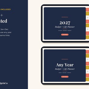 Puede incluir: Dos pantallas de tableta digital que muestran un planificador de presupuesto y vida azul oscuro. La pantalla superior muestra 2027 Budget + Life Planner, y la inferior Any Year Budget + Life Planner. Ambas tienen pesta&ntilde;as laterales en coral y oro.
