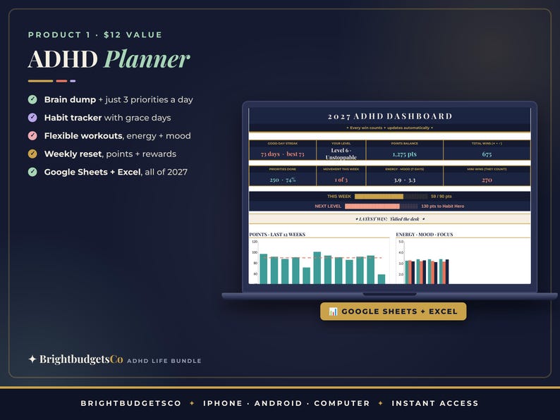 May include: A digital 2027 ADHD Planner dashboard displayed on a laptop screen. The interface features sections for brain dumps, habit tracking, workouts, and weekly resets. Text includes 2027 ADHD DASHBOARD, Google Sheets + Excel, and BrightbudgetsCo.