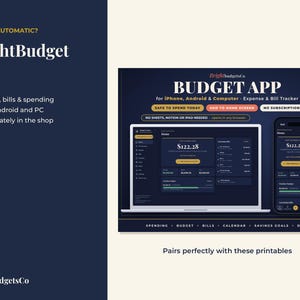May include: A digital interface for the BrightBudget App displayed on a laptop and smartphone screen. The dark-themed dashboard shows financial data, including a safe to spend amount of $122.28, expense tracking, and navigation tabs for spending, budget, bills, calendar, savings goals, and debt.