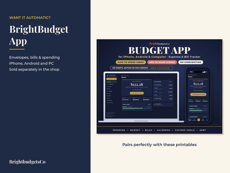 May include: A digital interface for the BrightBudget App displayed on a laptop and smartphone screen. The dark-themed dashboard shows financial data, including a safe to spend amount of $122.28, expense tracking, and navigation tabs for spending, budget, bills, calendar, savings goals, and debt.