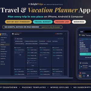 May include: BrightTrips Travel & Vacation Planner App displayed on a laptop and smartphone. Features include a day-by-day itinerary, travel budget, packing list, and bookings. The interface is dark-themed with text for trip planning.