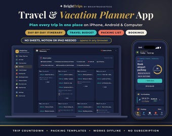 Peut inclure: Application BrightTrips Travel & Vacation Planner affichée sur un ordinateur portable et un smartphone. Inclut un itinéraire quotidien, un budget, une liste de bagages et des réservations. Interface sombre avec texte de planification.