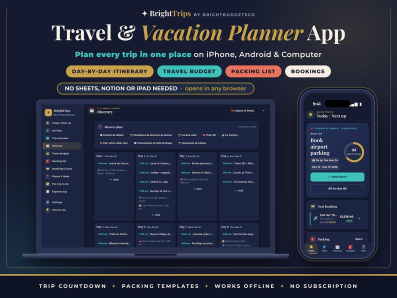 K&ouml;nnte beinhalten: BrightTrips Travel & Vacation Planner App auf einem Laptop und Smartphone. Funktionen umfassen Tagesreisepl&auml;ne, Reisebudget, Packlisten und Buchungen. Die Benutzeroberfl&auml;che ist dunkel gestaltet mit Text zur Reiseplanung.