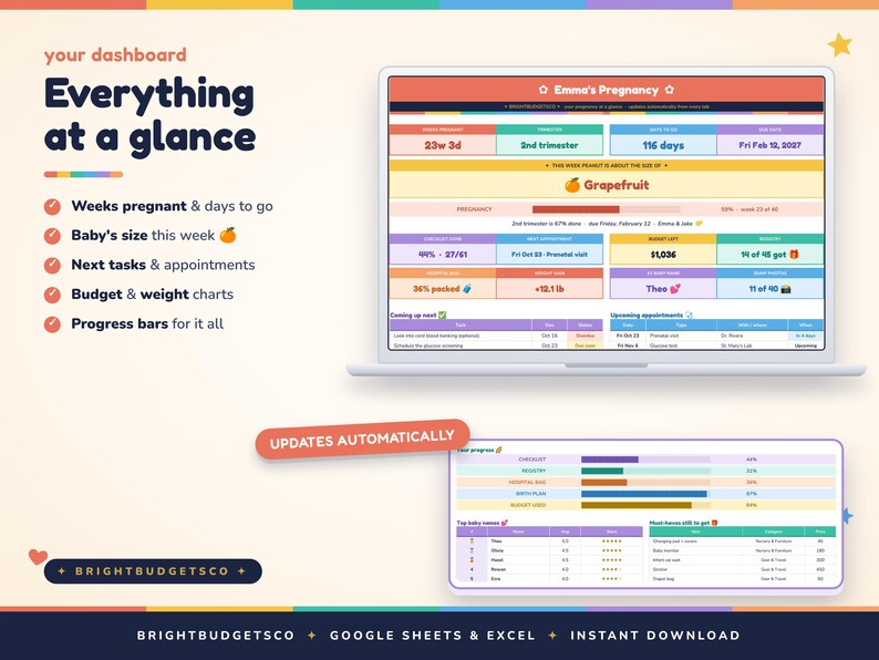 May include: A digital pregnancy dashboard displayed on a laptop and a mobile device screen. The interface features colorful sections for tracking weeks, baby size, budget, and appointments, with text including 'Emma's Pregnancy' and 'Everything at a glance'.
