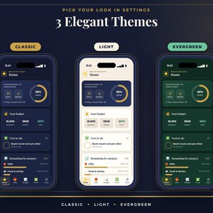 May include: Three smartphone screens displaying a mobile application interface with three distinct color themes labeled Classic, Light, and Evergreen. Each screen shows a dashboard with a countdown to Christmas, budget tracking, and to-do lists.