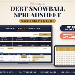 May include: A digital debt snowball spreadsheet for Google Sheets and Excel. The interface displays a debt dashboard with columns for debt-free date, months to go, interest saved, and total paid off, plus a payoff order table and a coloring chart.