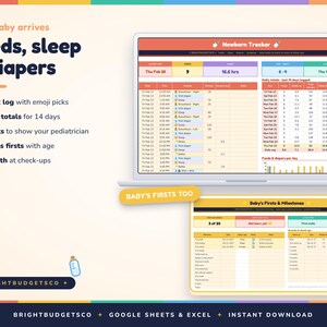 May include: A digital newborn tracker template for Google Sheets and Excel displayed on a laptop and tablet screen. The interface features colorful tables for logging feeds, sleep, diapers, growth, and milestones with text labels.