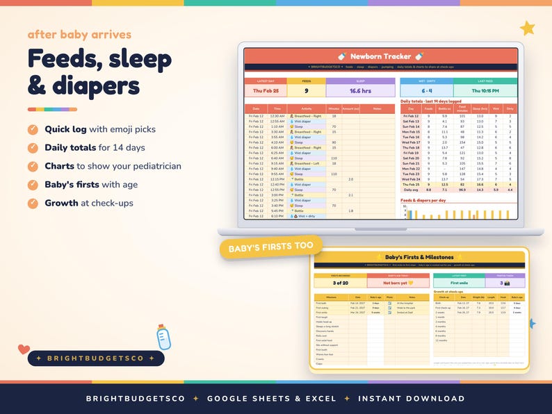 May include: A digital newborn tracker template for Google Sheets and Excel displayed on a laptop and tablet screen. The interface features colorful tables for logging feeds, sleep, diapers, growth, and milestones with text labels.