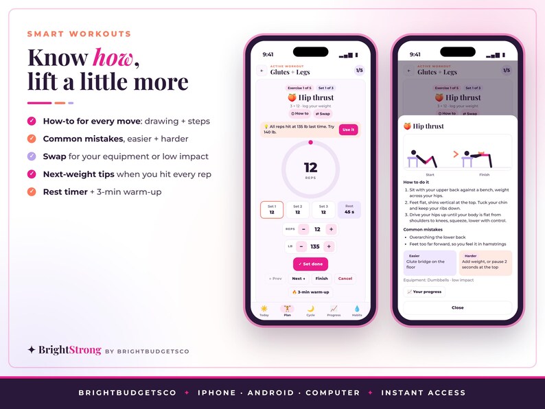 May include: Two smartphones displaying the BrightStrong workout app interface. The screens show a Glutes and Legs workout plan, including a hip thrust exercise with instructional diagrams, rep counters, weight logs, and a rest timer.