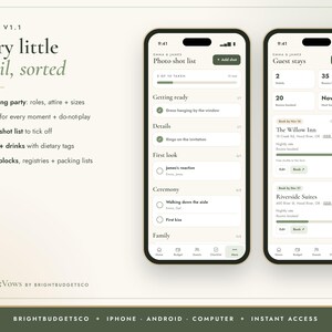 Puede incluir: Dos tel&eacute;fonos inteligentes que muestran la interfaz de la aplicaci&oacute;n de planificaci&oacute;n de bodas BrightVows. Las pantallas presentan una lista de fotos y detalles de alojamiento con el texto Every little detail, sorted.