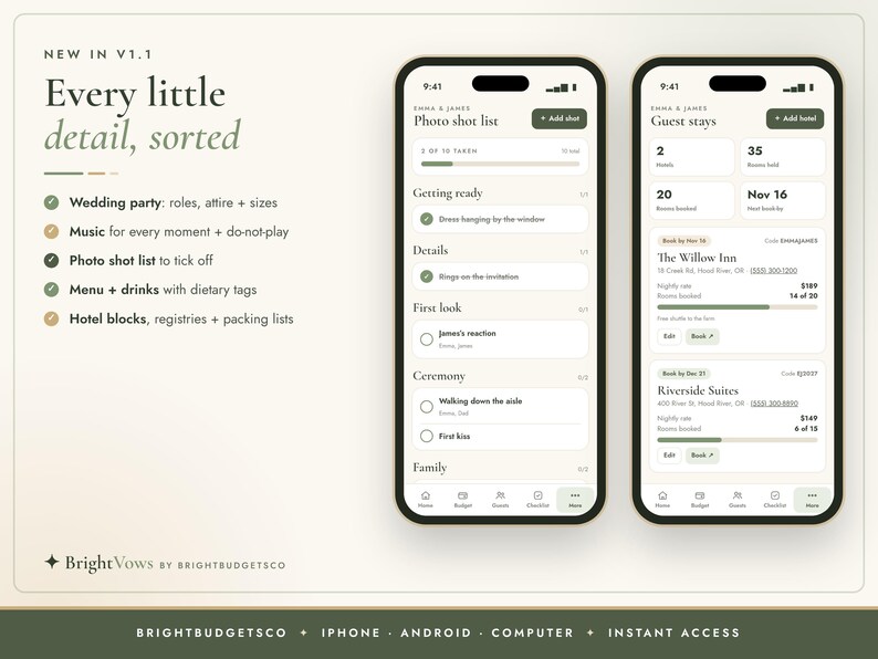 Puede incluir: Dos tel&eacute;fonos inteligentes que muestran la interfaz de la aplicaci&oacute;n de planificaci&oacute;n de bodas BrightVows. Las pantallas presentan una lista de fotos y detalles de alojamiento con el texto Every little detail, sorted.