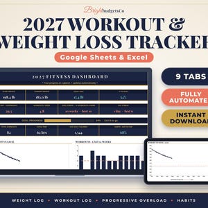 May include: A 2027 workout and weight loss tracker digital template for Google Sheets and Excel. The dashboard displays fitness metrics, weight logs, and progress charts on a laptop and tablet screen with dark blue and gold accents.