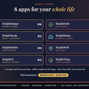 May include: A digital product listing titled 8 apps for your whole life, featuring eight app icons and names: BrightBudget, BrightDebt, BrightMeals, BrightHome, BrightHabits, BrightWell, BrightFit, and BrightTrips, with associated prices and a bundle offer.