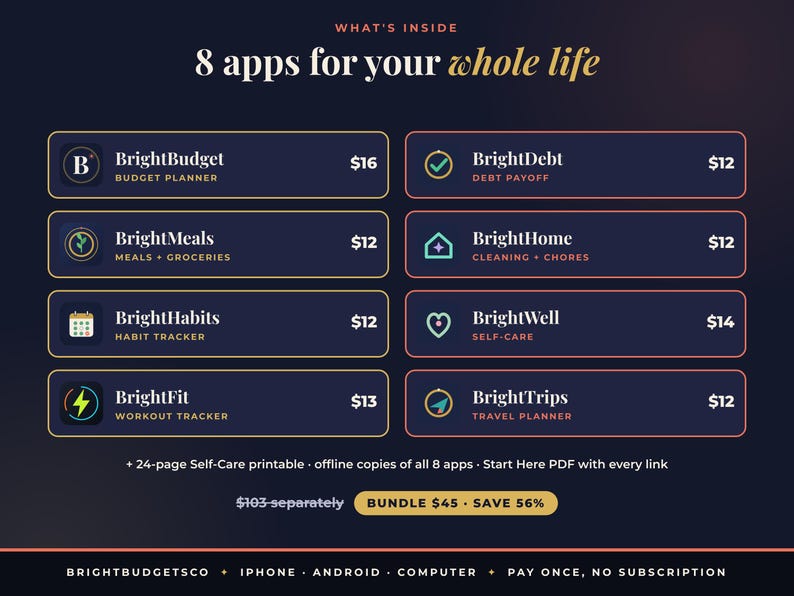 May include: A digital product listing titled 8 apps for your whole life, featuring eight app icons and names: BrightBudget, BrightDebt, BrightMeals, BrightHome, BrightHabits, BrightWell, BrightFit, and BrightTrips, with associated prices and a bundle offer.
