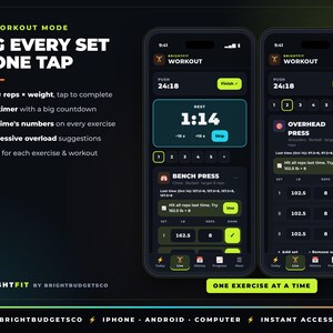 May include: Two smartphones display the Brightfit workout app interface with a dark theme and neon green accents. The screens show exercise tracking features including sets, reps, weight, rest timers, and progressive overload suggestions with text: LIVE WORKOUT MODE, LOG EVERY SET IN ONE TAP, and BRIGHTFIT BY BRIGHTBUDGETSCO.