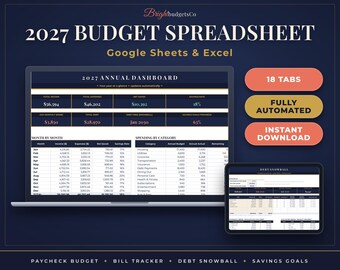 Peut inclure: Un tableur budgétaire 2027 pour Google Sheets et Excel affiché sur un écran d'ordinateur portable et de tablette. Le tableau de bord présente un résumé annuel, des tableaux de revenus et dépenses mensuels. Texte inclus : 18 TABS, FULLY AUTOMATED, INSTANT DOWNLOAD.