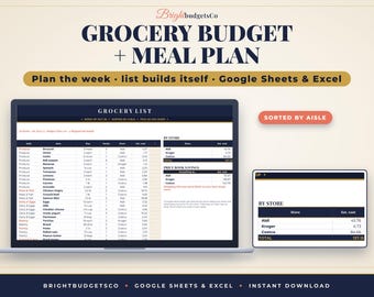 Grocery Budget Spreadsheet and Meal Planner for Google Sheets and Excel, Auto Grocery List by Aisle, Price Book and Recipe Costs