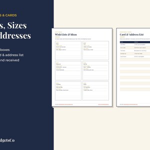May include: Two printable planner pages titled Wish Lists & Ideas and Card & Address List. The first page features six wish-list boxes, while the second page contains a 16-line list with checkboxes for tracking sent and received cards.
