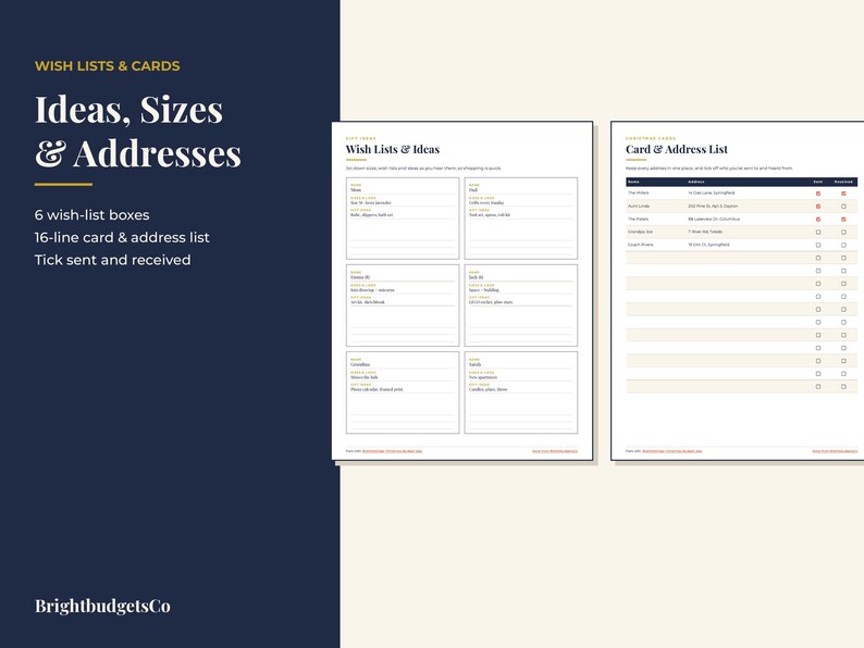 May include: Two printable planner pages titled Wish Lists & Ideas and Card & Address List. The first page features six wish-list boxes, while the second page contains a 16-line list with checkboxes for tracking sent and received cards.
