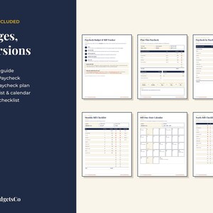 Puede incluir: Un conjunto de planificador de presupuesto digital con 7 p&aacute;ginas y 2 versiones. El texto incluye: WHAT'S INCLUDED, 7 Pages, 2 Versions, Start Here guide, Plan This Paycheck, Monthly paycheck plan, Bill checklist & calendar, Yearly bill checklist, BrightbudgetsCo.