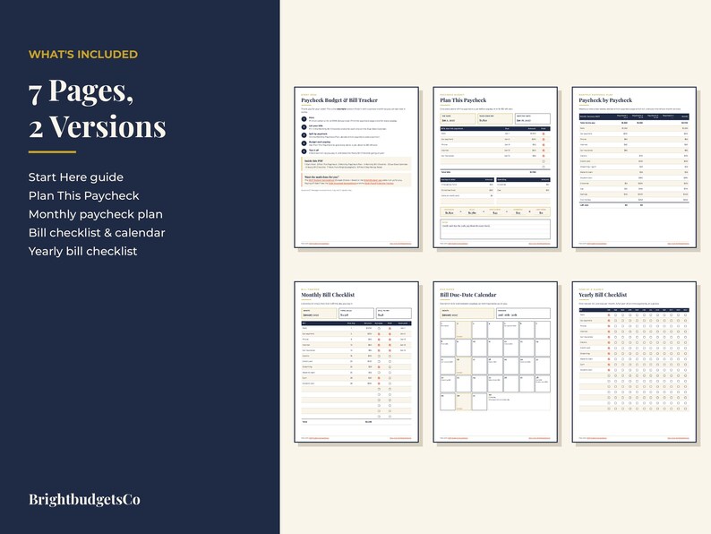 Puede incluir: Un conjunto de planificador de presupuesto digital con 7 p&aacute;ginas y 2 versiones. El texto incluye: WHAT'S INCLUDED, 7 Pages, 2 Versions, Start Here guide, Plan This Paycheck, Monthly paycheck plan, Bill checklist & calendar, Yearly bill checklist, BrightbudgetsCo.