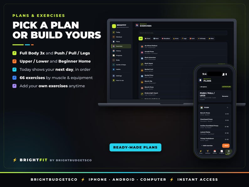 May include: A digital interface for the BrightFit fitness app displayed on a laptop and smartphone. The screen shows exercise plans, workout lists, and muscle group categories with text including Pick a Plan or Build Yours and Ready-Made Plans.
