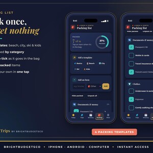 K&ouml;nnte beinhalten: Eine digitale Packlisten-App auf zwei Smartphones vor dunkelblauem Hintergrund. Die Benutzeroberfl&auml;che zeigt Checklisten f&uuml;r Reiseartikel, Fortschrittsanzeigen und Kategorien. Der Text umfasst Pack once, forget nothing, BrightTrips und 4 PACKING TEMPLATES.