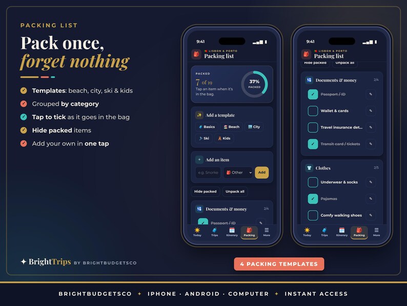 K&ouml;nnte beinhalten: Eine digitale Packlisten-App auf zwei Smartphones vor dunkelblauem Hintergrund. Die Benutzeroberfl&auml;che zeigt Checklisten f&uuml;r Reiseartikel, Fortschrittsanzeigen und Kategorien. Der Text umfasst Pack once, forget nothing, BrightTrips und 4 PACKING TEMPLATES.