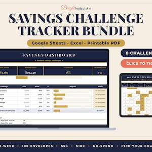 May include: A digital savings challenge tracker bundle featuring a savings dashboard and a 100 envelope challenge. The interface displays progress bars, goal amounts, and total saved figures in navy blue and gold. Includes 8 challenges.