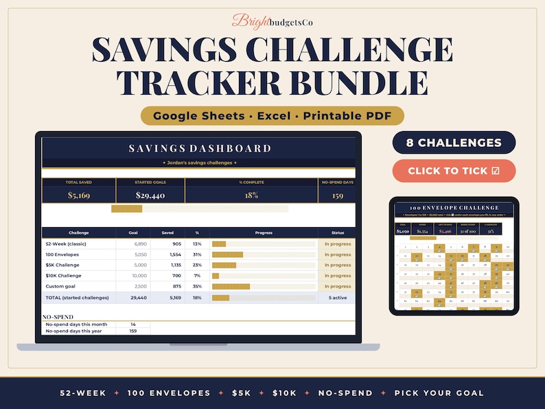 May include: A digital savings challenge tracker bundle featuring a savings dashboard and a 100 envelope challenge. The interface displays progress bars, goal amounts, and total saved figures in navy blue and gold. Includes 8 challenges.