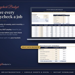 May include: A digital Paycheck Budget spreadsheet template for Google Sheets and Excel displayed on a laptop screen. The interface features pay settings, a 2027 calendar, and a table to split leftover income into specific budget buckets.