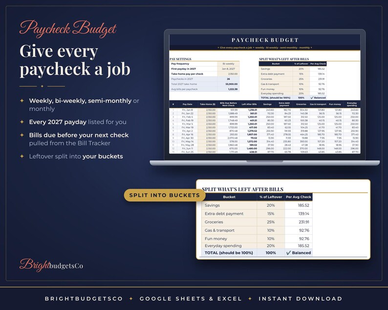 May include: A digital Paycheck Budget spreadsheet template for Google Sheets and Excel displayed on a laptop screen. The interface features pay settings, a 2027 calendar, and a table to split leftover income into specific budget buckets.