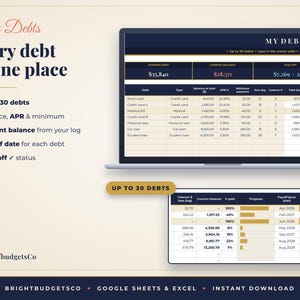 May include: A digital debt tracker spreadsheet displayed on a laptop screen and a secondary window. The interface features columns for debt type, balance, APR, and payment status. Text includes My Debts, Every debt in one place, and BrightbudgetsCo.