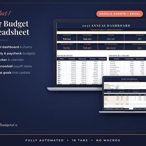 May include: A 2027 budget spreadsheet digital template for Google Sheets and Excel. The dark blue interface displays an annual dashboard, monthly budget tables, spending categories, and a debt snowball tracker with automated calculations.