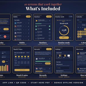 May include: A digital interface display featuring 10 screens that work together, titled What's Included. The dark-themed layout showcases Today, Habits, Routines, Routine mode, Calendar, Stats, Mood & Notes, Rewards, Settings, and How to use.