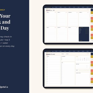 Puede incluir: Un planificador digital mostrado en dos tabletas con dise&ntilde;os semanales y diarios. El texto incluye Weekly + Daily, Plan Your Week and Your Day, Weekly money check-in, Daily schedule + top 3, Spent today + water, Mini calendar on every day.