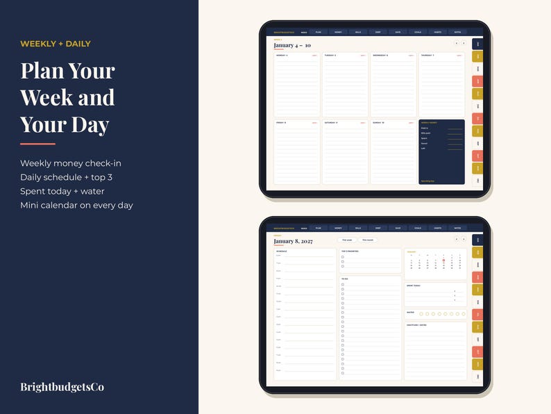Puede incluir: Un planificador digital mostrado en dos tabletas con dise&ntilde;os semanales y diarios. El texto incluye Weekly + Daily, Plan Your Week and Your Day, Weekly money check-in, Daily schedule + top 3, Spent today + water, Mini calendar on every day.
