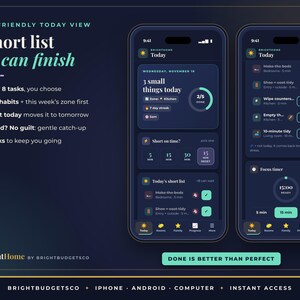 K&ouml;nnte beinhalten: Zwei Smartphones zeigen die Benutzeroberfl&auml;che der BrightHome-App in einem dunkelblauen Design. Der Bildschirm zeigt Aufgabenlisten, einen Fokus-Timer und den Text: ADHD-Friendly Today View, A short list you can finish, Done is better than perfect.