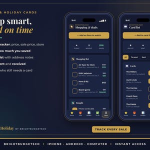May include: Two smartphones display the BrightHoliday app interface with dark blue backgrounds and gold accents. The screens show shopping lists, deal trackers, and holiday card management features with text including Shop smart, send on time.